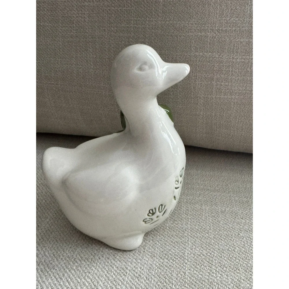 Ceramic Duck Figurine White Green Floral Embossed Cottagecore Decor 6 inch